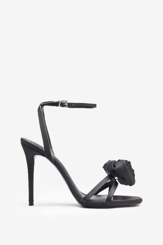 Sweet Step | Black Satin Strappy Heeled Sandals With Flowers Denim unclassified dresses