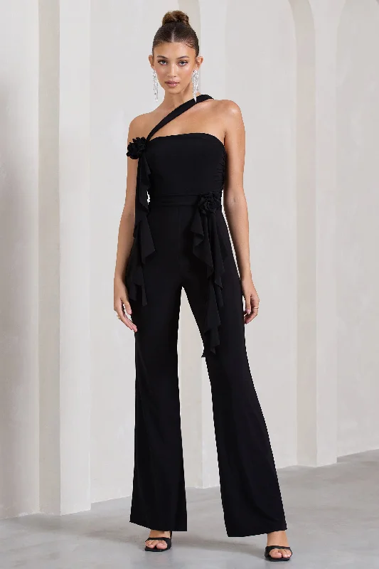 Tia | Black Asymmetric Sleeveless Flared-Leg Jumpsuit With Flowers Spring unclassified dresses