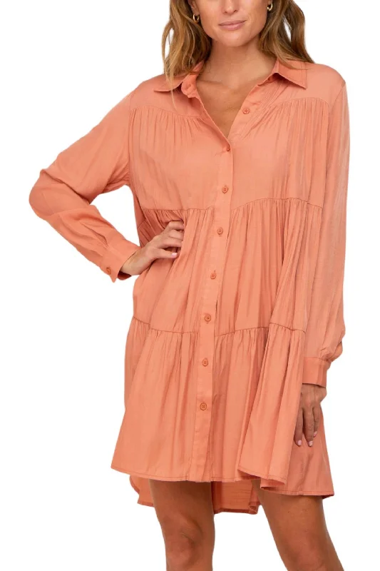 Tiered Button Down Dress In Peach Holiday unclassified dresses