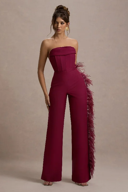 Topic Of Talk | Burgundy Strapless Bandeau Wide-Leg Jumpsuit With Feather Trim Floral unclassified dresses