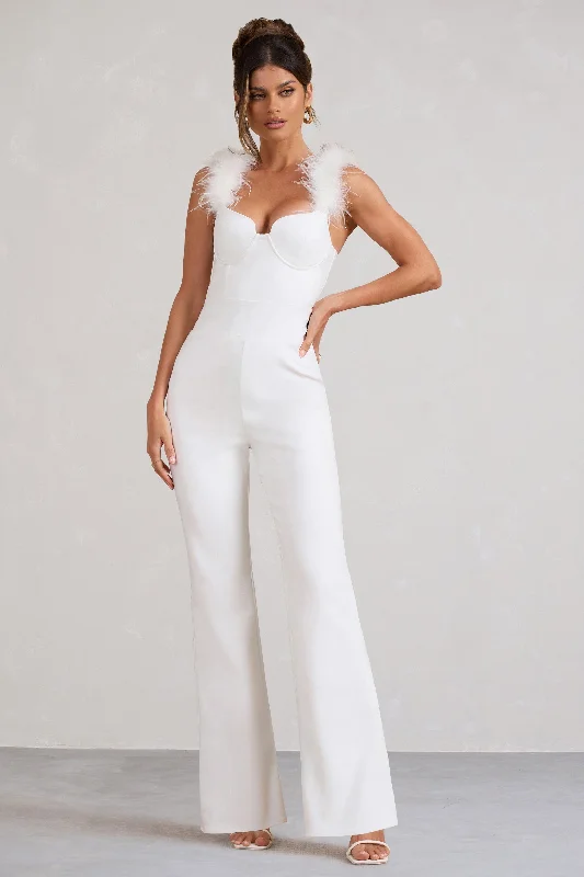 Verity | White Feather Shoulder Corset Style Jumpsuit Earthy tone unclassified dresses