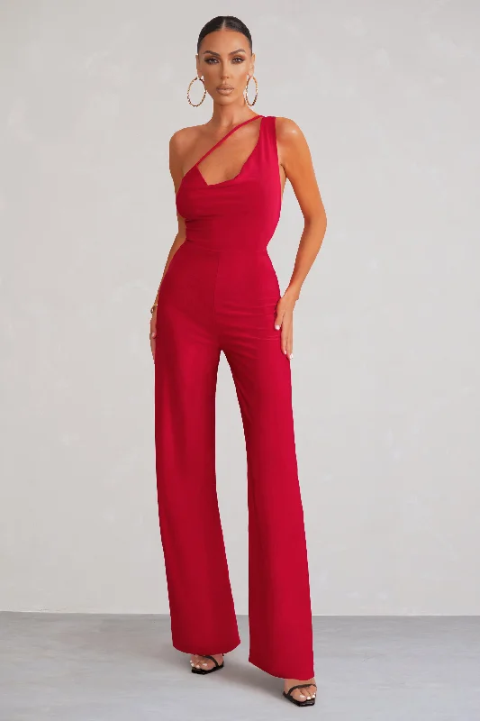 Vienna | Red Asymmetric Cowl Neck Wide Leg Jumpsuit With Open Back Detail Neutral tone unclassified dresses