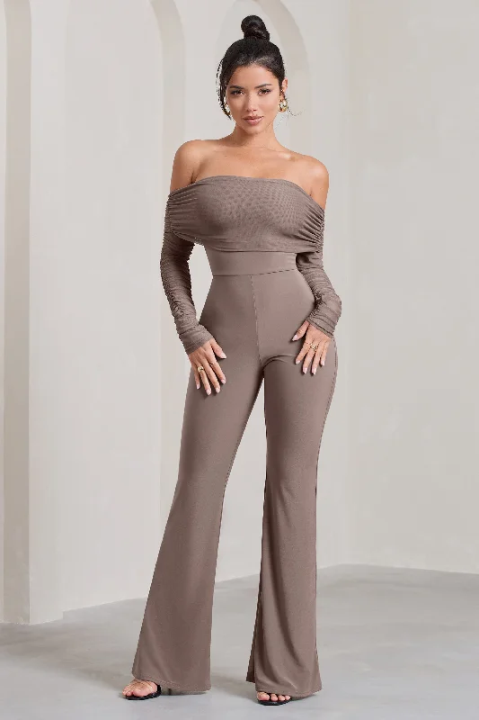 Whisper | Mocha Ruched Mesh Bardot Jumpsuit Trendy unclassified dresses